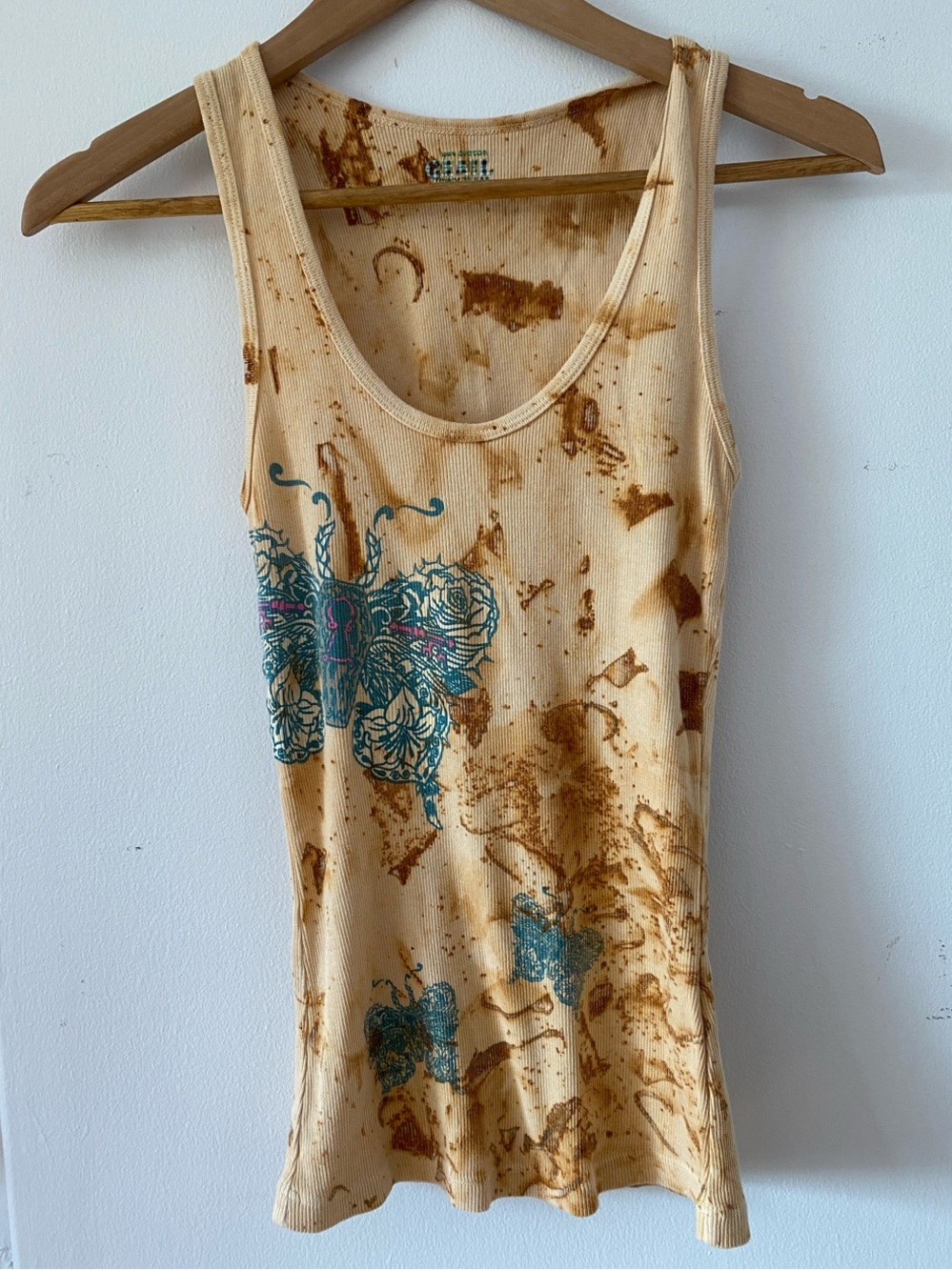 Vintage Grail Y2K Butterfly Graphic Tank Top in Tan Beige and Rust 100% Cotton